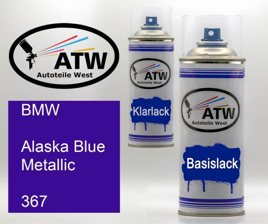 BMW, Alaska Blue Metallic, 367: 400ml Sprühdose + 400ml Klarlack - Set, von ATW Autoteile West.